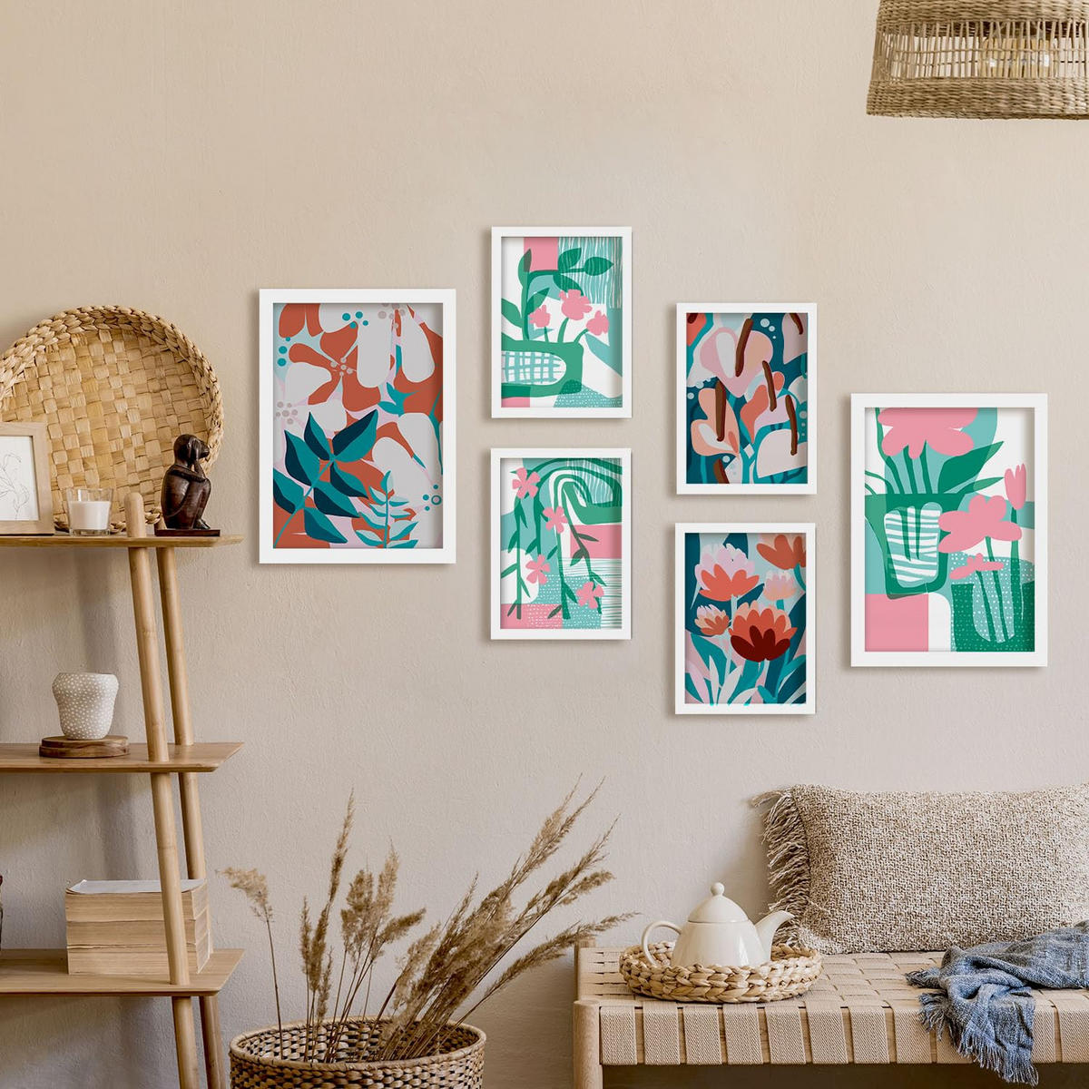 POSTER Set Mit 6 Pinkes Grün In Blume Zusammenfassung Ästhetische Dekorative Gemälde Für Ihr Wohnzimmer, Schlafzimmer, Zuhause A3 & A4 Weißer Rahmen - Weiß, Papier (29/3cm) - Nacnic