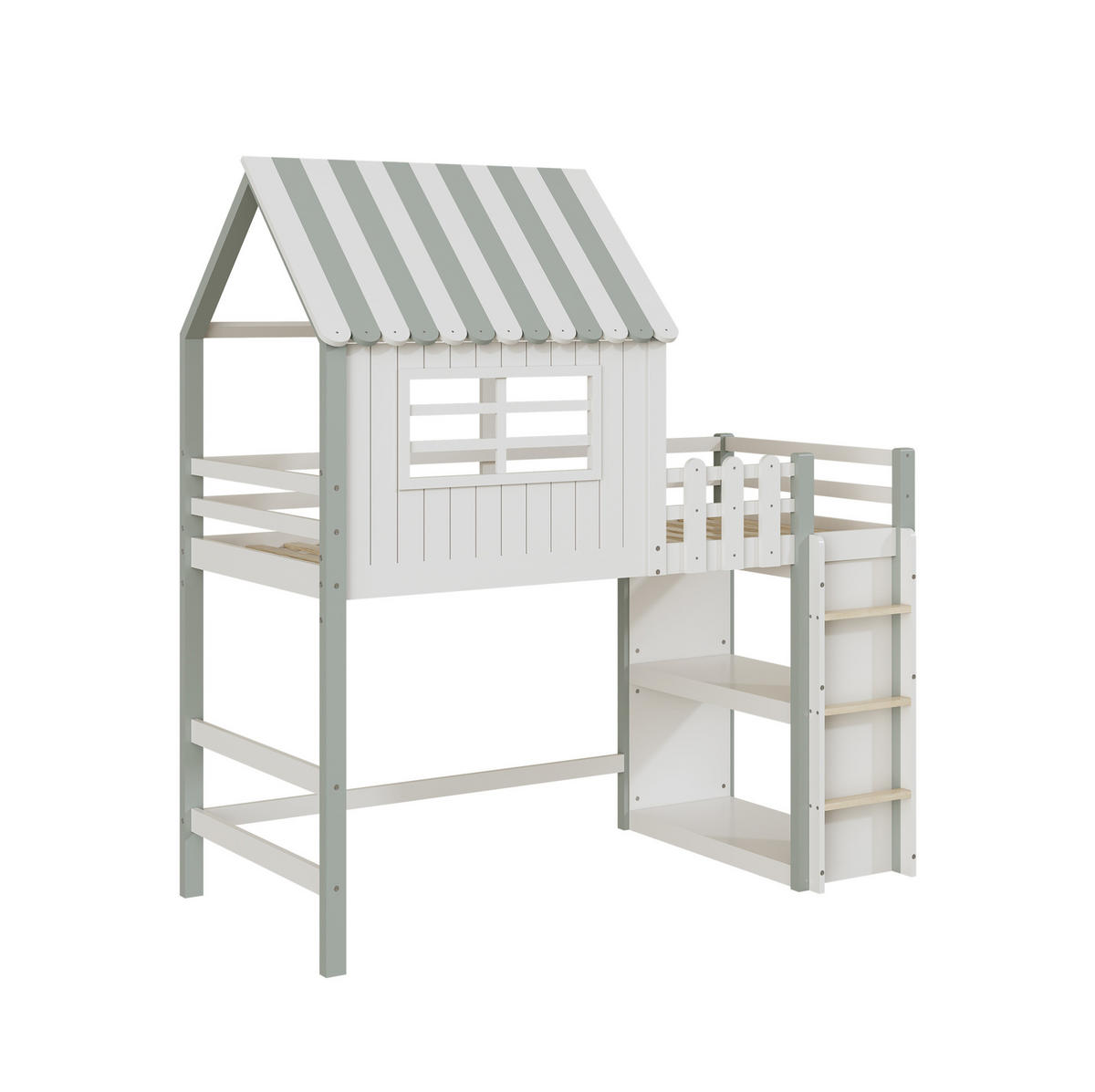 KINDERBETT 90/200 cm grün aus Massivholz mit Dachform Leiter und Lattenrost - Grün, Holzwerkstoff (90/200cm) - OKWISH