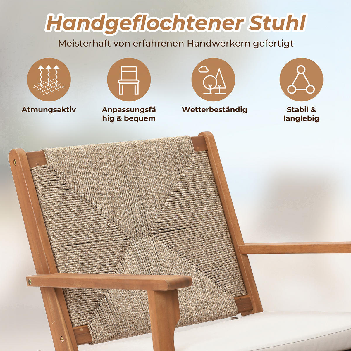 73CM Outdoor-Ess- und Terrassenstuhl aus Akazienholz mit Kissen - Ahornfarben, Holz (73/73/64.5cm) - Hometopia