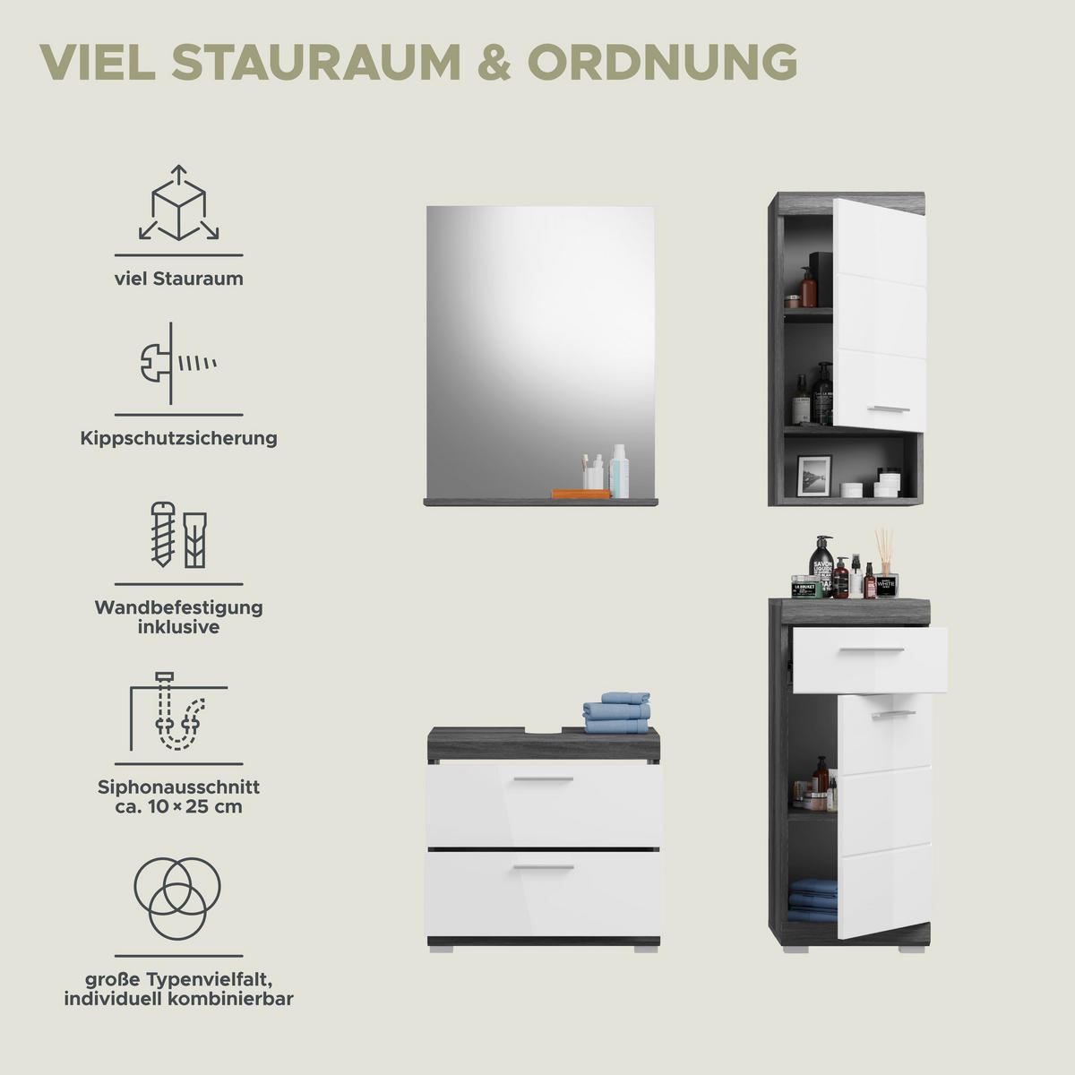 BADKOMBINATION 4tlg. Scout Bad in Rauchsilber Nachbildung und weiß hochglanz B/H/T: 112x191x34 cm - Anthrazit, Holz (112/191/37cm)