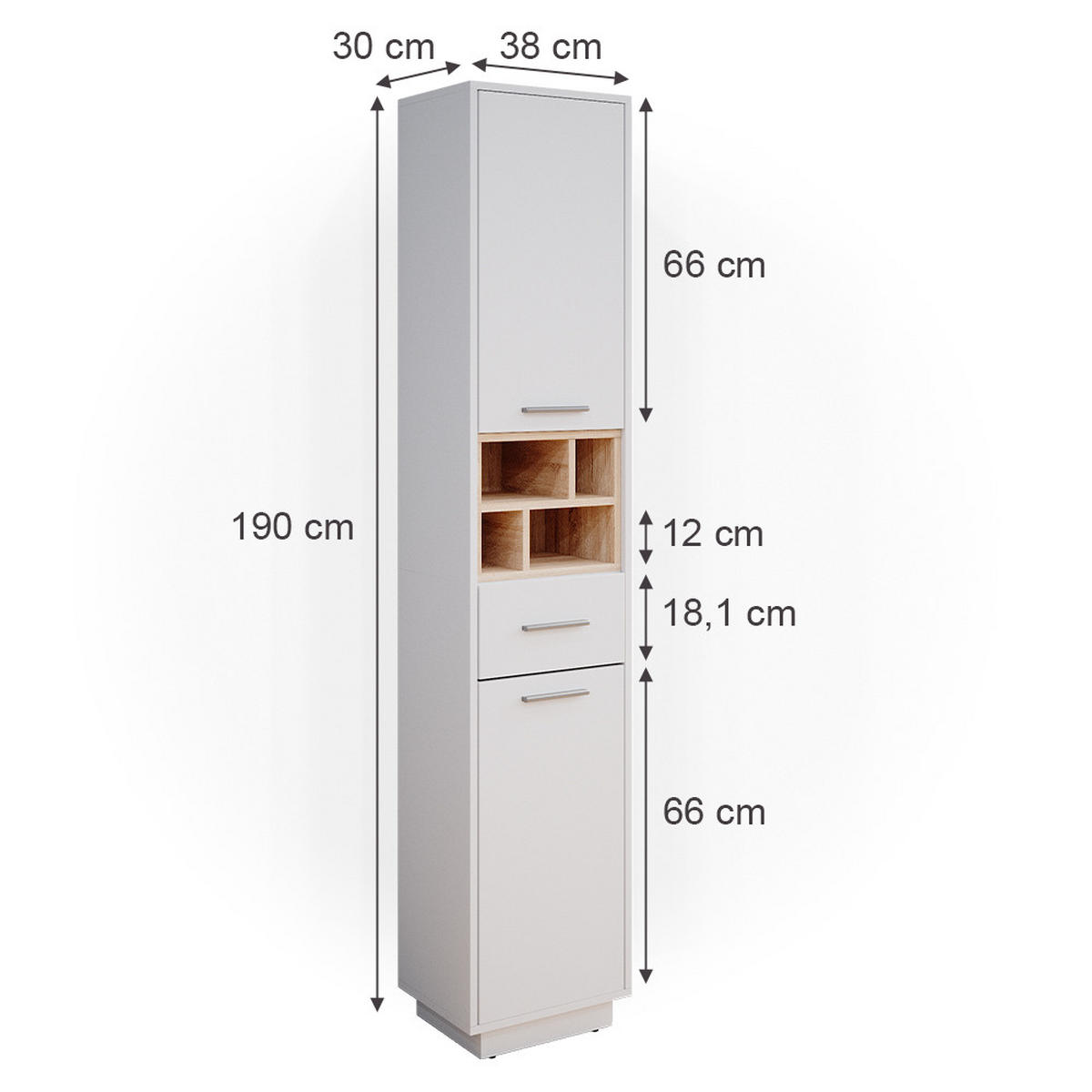 BADSCHRANK Beatrice Weiß 38 x 190 cm - Weiß, Holzwerkstoff (38/190/30cm) - Vicco