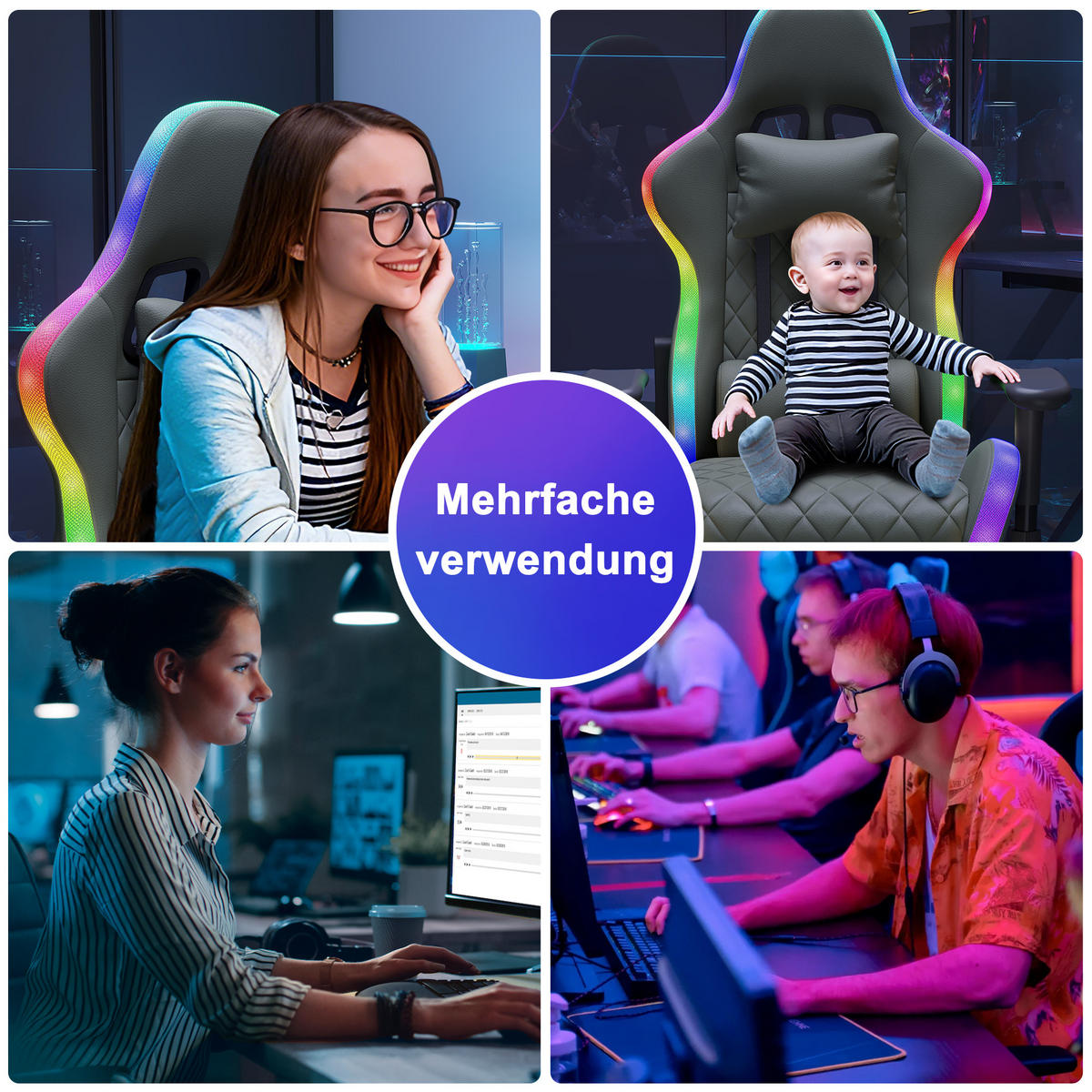 GAMINGSTUHL RGB LED Massage verstellbar ergonomisch schwarz - Schwarz, Holz (68/133/68cm) - LEBENLANG