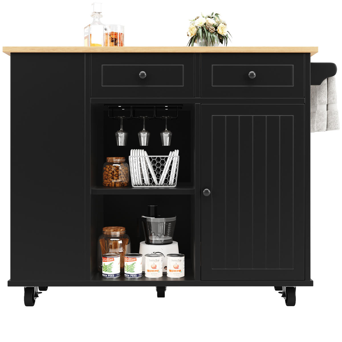 KÜCHENINSEL Schwarz Holzoptik mit Snackfach & Glashalter - Schwarz, Holz (42/91.5/120cm) - SHOPENTRA