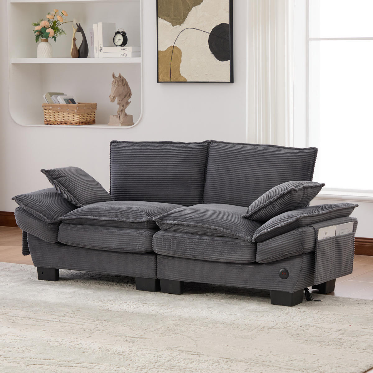 2-SITZER Sofa aus Cord 190x73x84 cm in Dunkelgrau mit USB-C & Seitentaschen - Dunkelgrau, Textil (73/84/190cm) - Modfu