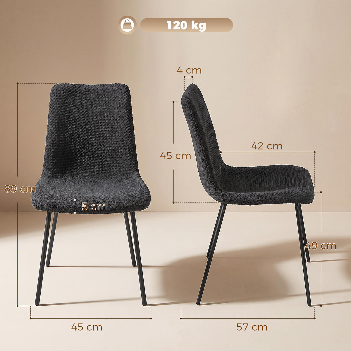 ESSZIMMERSTUHL Samt 100 Polyester Dunkelgrau - Dunkelgrau, Textil/Metall (45/89/57cm) - HOMCOM