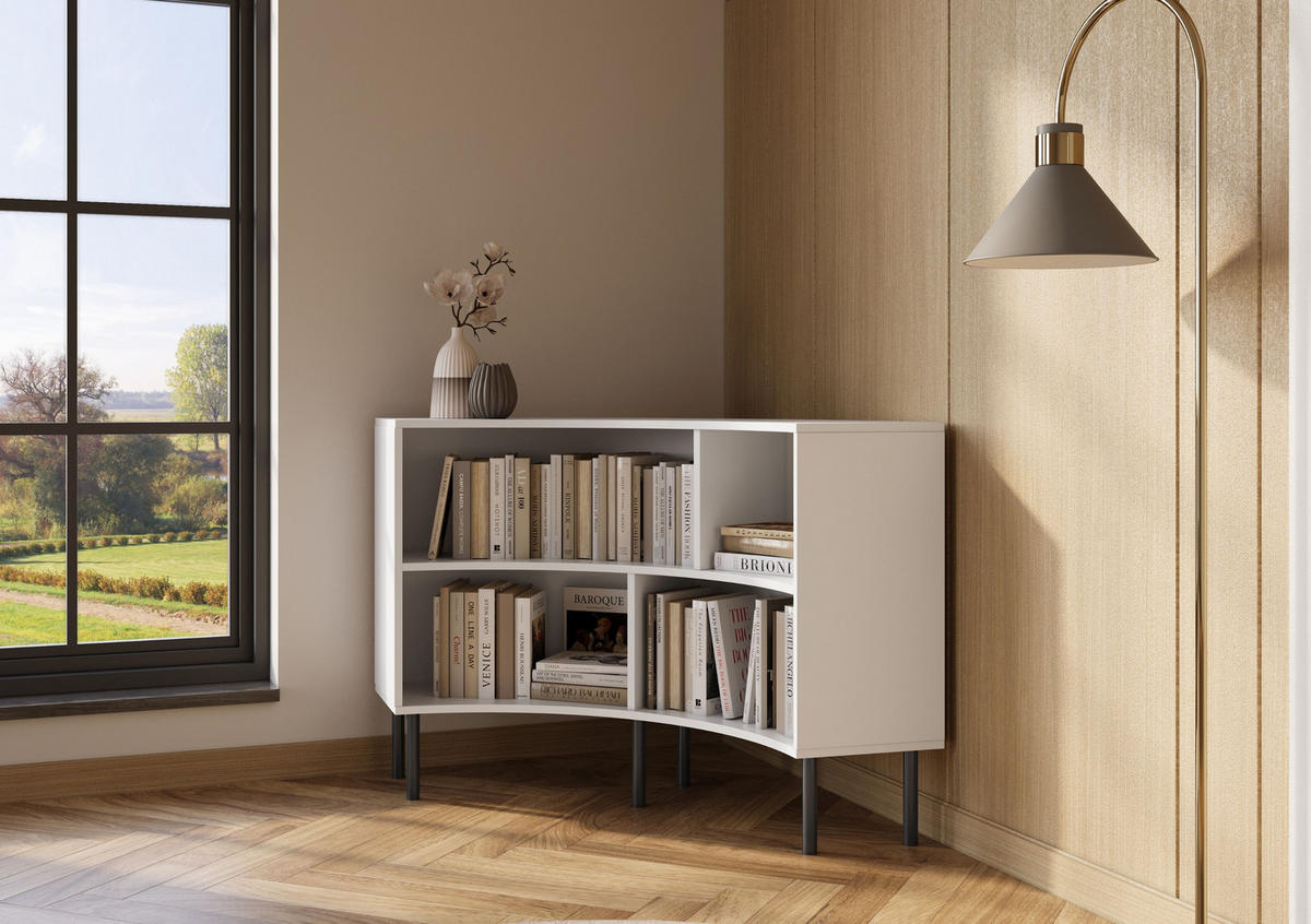 BÜCHERREGAL Horn, Weiß, Bogenform, 4 Fächern, 100 cm - Schwarz/Weiß, Holzwerkstoff/Metall (100.2/85.4/32cm) - Skandica