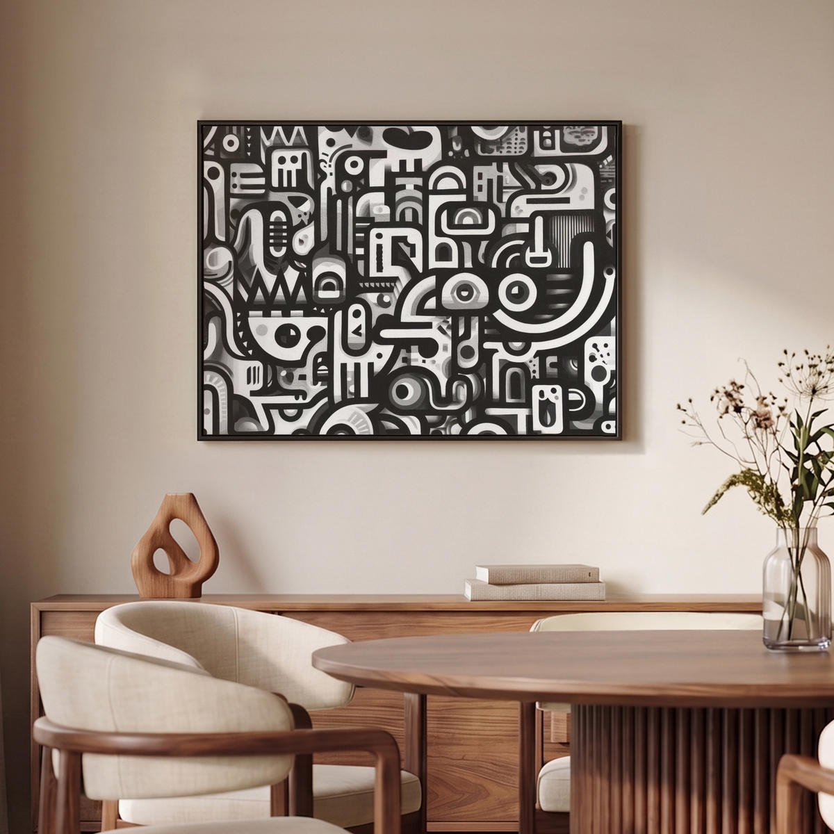 LEINWAND Bilder mit Rahmen - Symbole - Abstrakt - Grafik - Schwarz - 70x50 - Schwarz, Textil (70/50cm) - MuchoWow