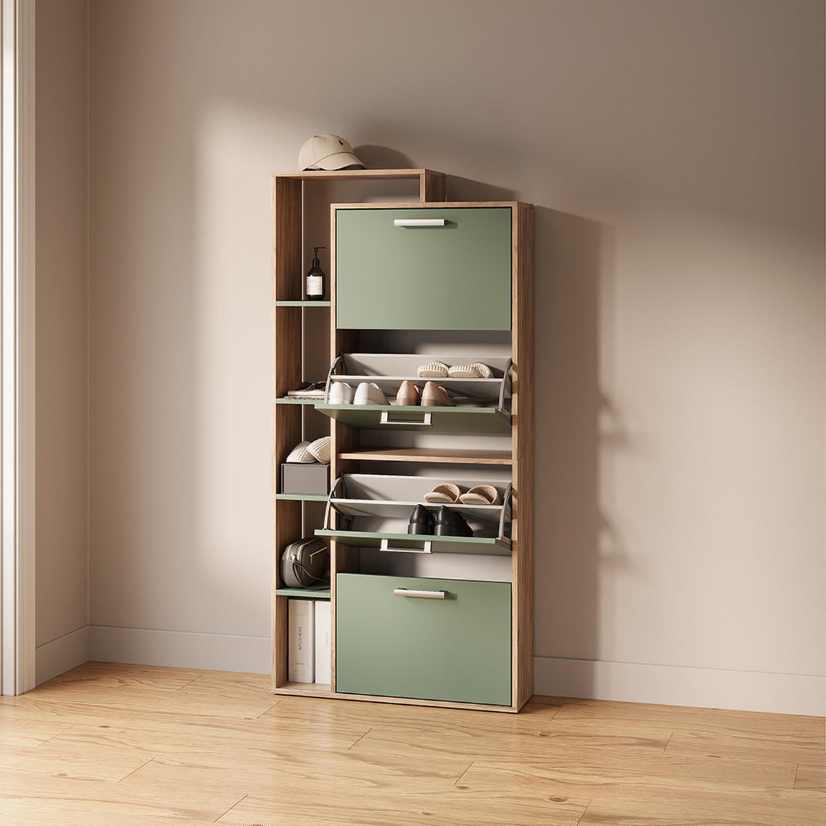 SCHUHKIPPER Ortello Goldkraft Eiche/Grün 80 x 166.1 cm mit 4 Fächern - Eichefarben/Grün, Holzwerkstoff (80/166.1/24.2cm) - Livinity®