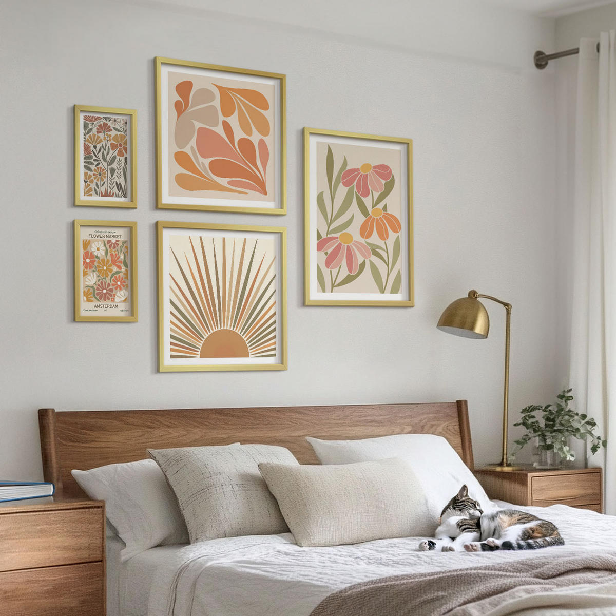 WANDBILDER 5er Set - 50x50 cm & 20x30 cm & 40x60 cm Goldrahmen - Pastellfarbene Sonnenblumen - Goldfarben, Kunststoff (40/60cm) - ArtPrintCave