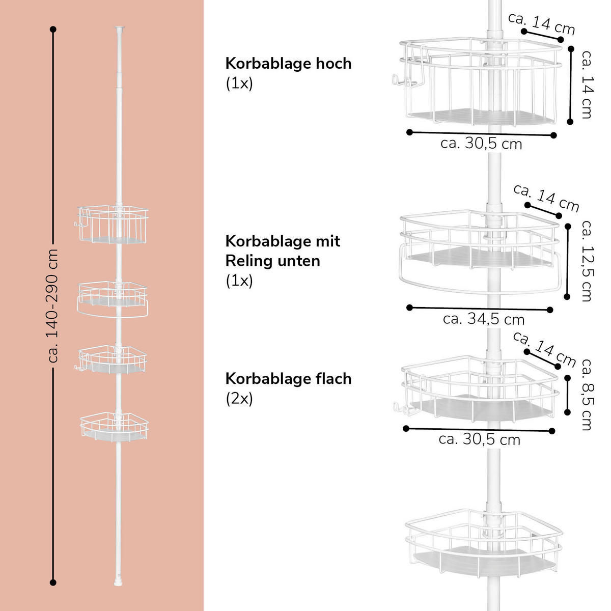 TELESKOP-ECKREGAL, weiß - Weiß, Metall (22.5/290/22.5cm) - bremermann