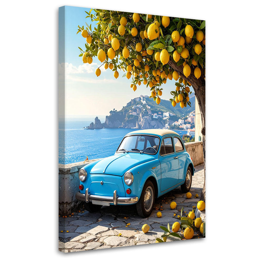 LEINWANDBILDER, Oldtimer an der Mittelmeerküste - Blau, Textil (80/120cm) - Feeby