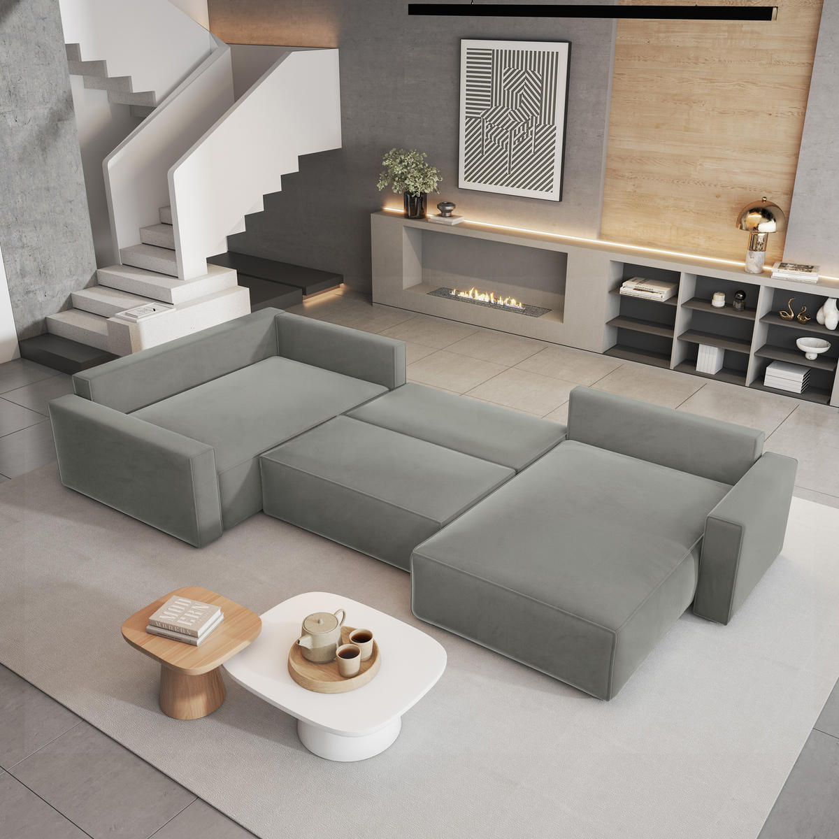 WOHNLANDSCHAFT VELAMI L-S Hellgrau Velours-Stoff mit Schlaffunktion - Hellgrau, Holz (365/83/194cm) - MASSENO