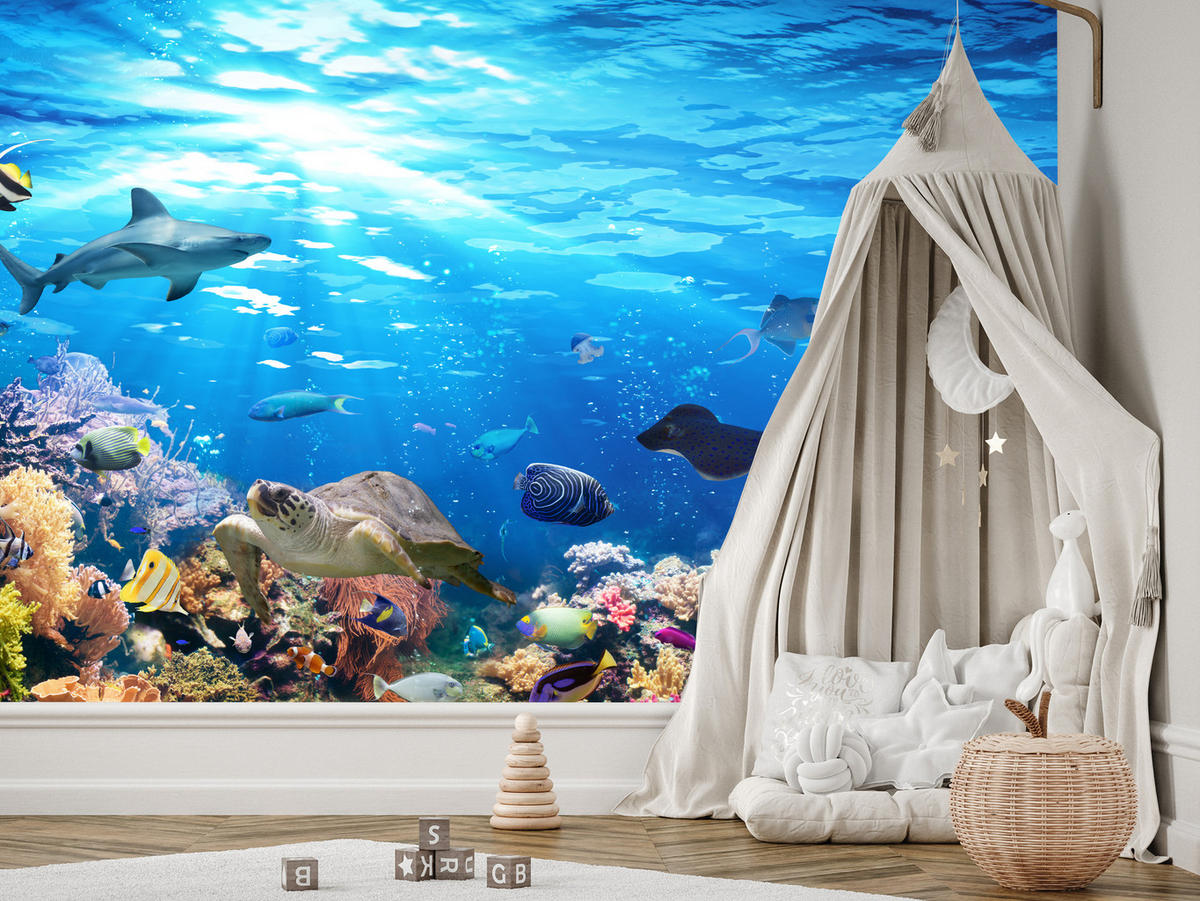 FOTOTAPETE für Badezimmer Korallenriff Schildkröte Hai Fisch 200x140 - Blau/Gelb, Papier (200/140cm) - Muralo