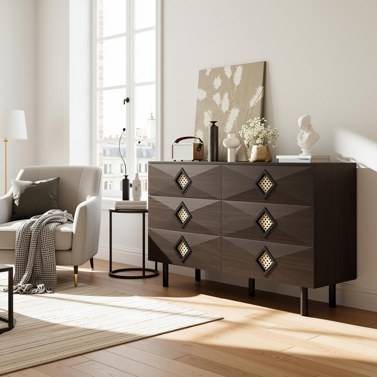 SIDEBOARD Walnuss mit 6 Schubladen & Rattan-Griffen Modern 120×40×74 cm - Walnussfarben, Holzwerkstoff (120/74/40cm) - Urban Meuble