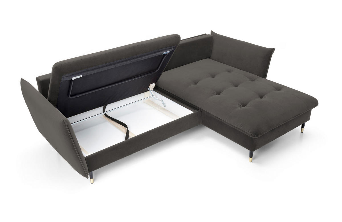 ECKSOFA GLAM mit Schlaffunktion, Ottomane & goldenen Füßen – Samtsofa im Glamour-Stil mit Zierkissen, 258x167x91 cm, rechte, dunkelgrau​ - Dunkelgrau, Holz/Textil (258/167cm) - DomoHome