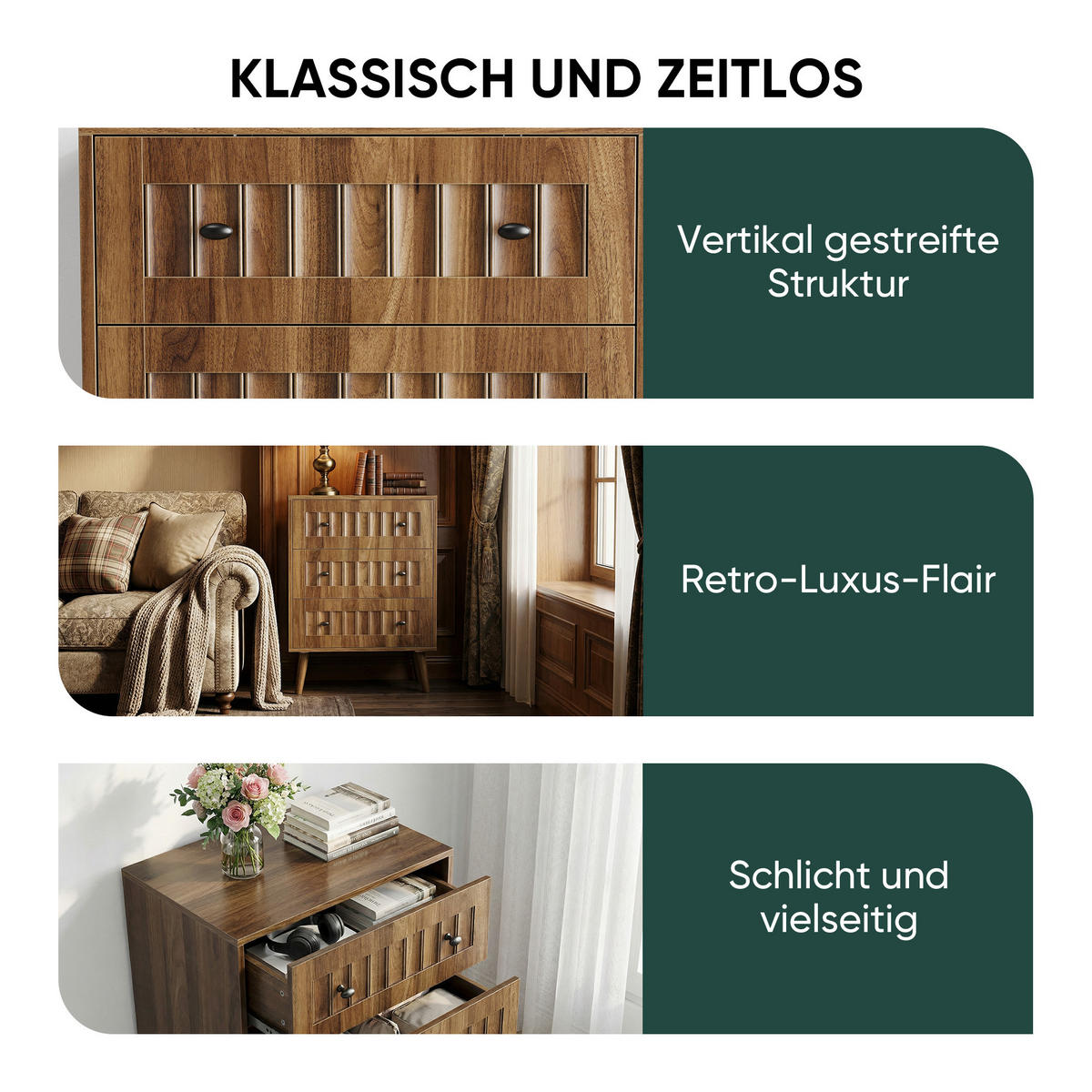 SIDEBOARD walnuss-optik & rillen-design mit 3 schubladen & massivholzbeinen - Walnussfarben, Holzwerkstoff (60/78/40cm) - Urban Meuble