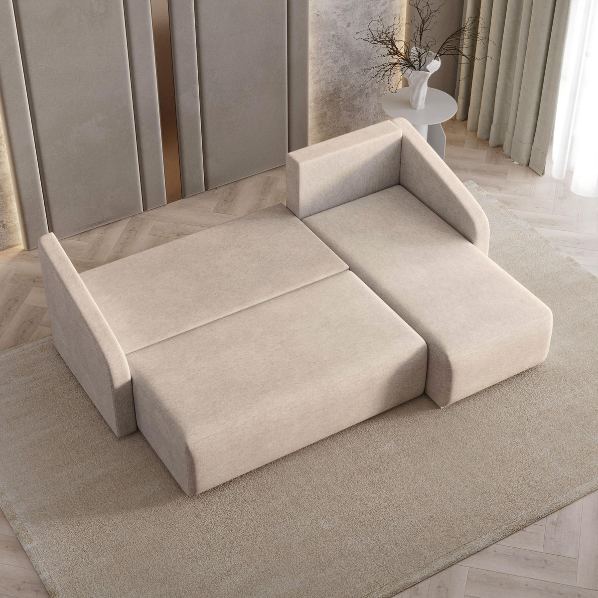ECKSOFA MARELLO Beige Geflochtener Stoff mit Schlaffunktion - Beige, Holz (220/143cm) - MASSENO