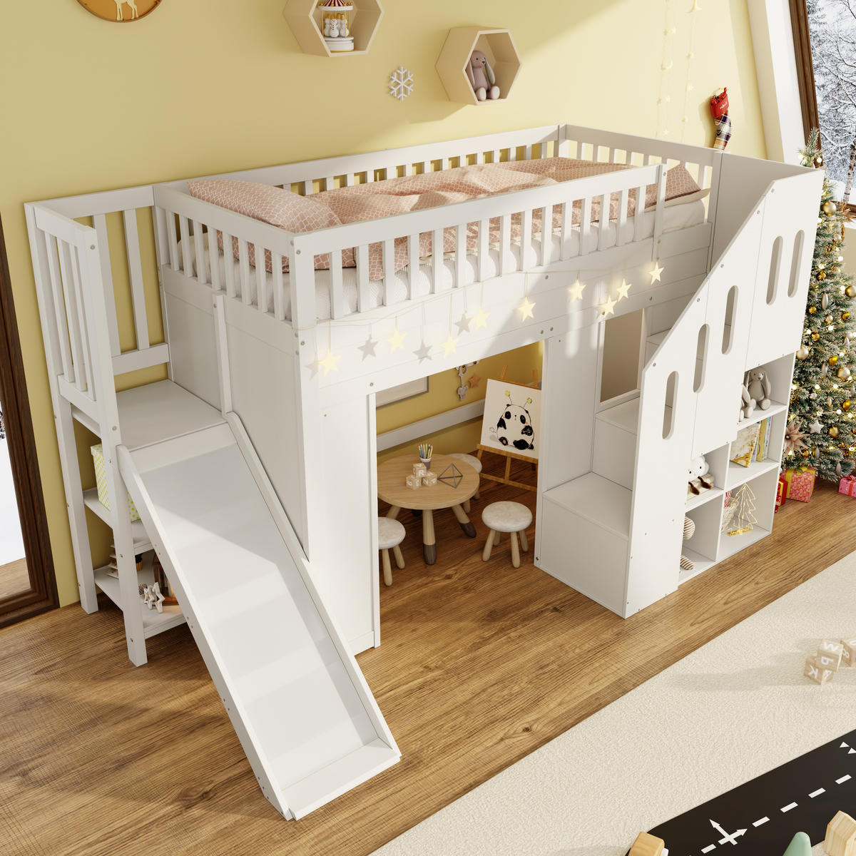 HOCHBETT 90/200 cm in Weiß Kinderbett mit Rutsche, Stauraumtreppe und LED - Weiß, Holzwerkstoff (90/200cm) - STILVORA