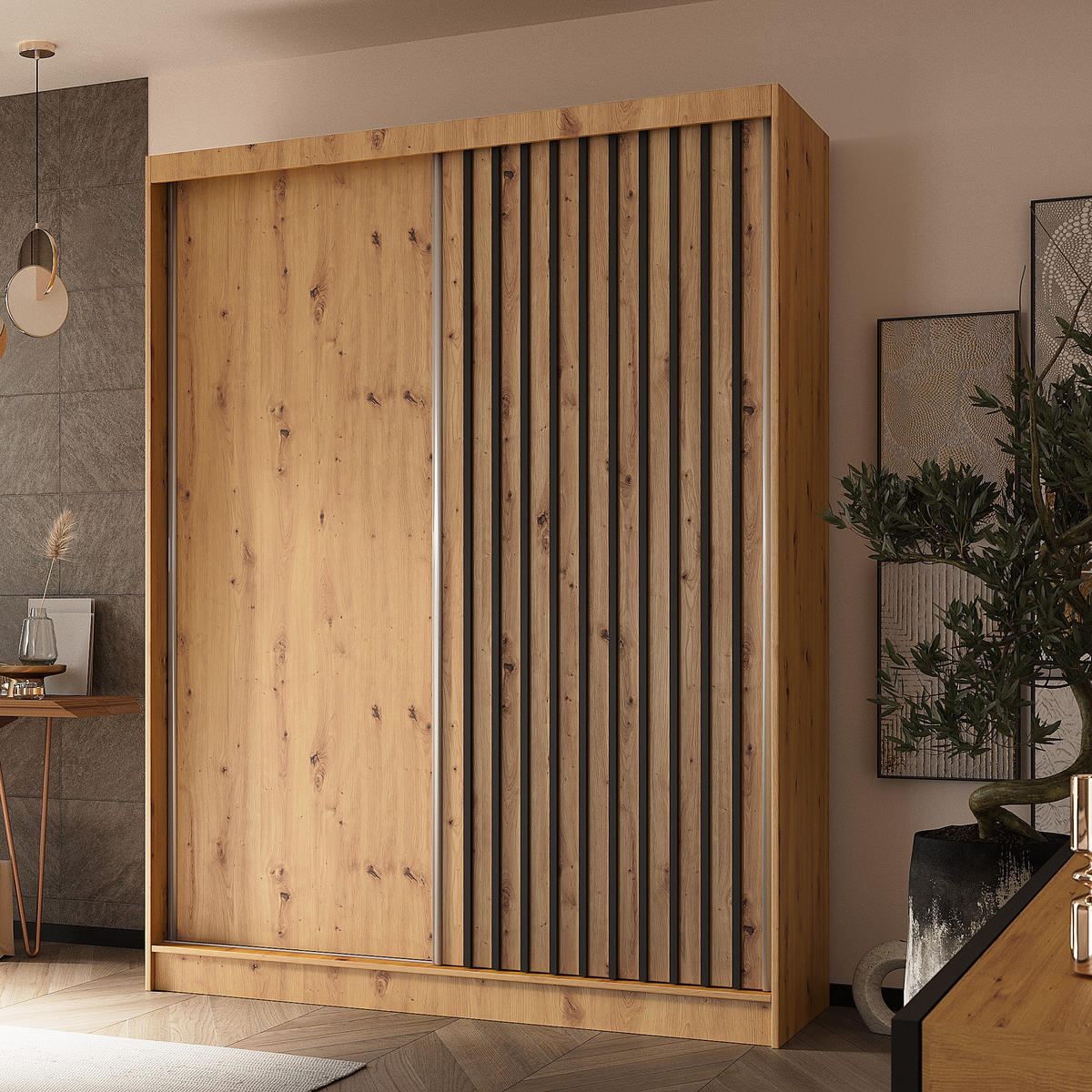 SCHWEBETÜRENSCHRANK LAMELLO 160/216/61 cm 2-türig Eiche Artisan - Eiche Artisan, Holzwerkstoff (160/216/61cm) - MASSENO