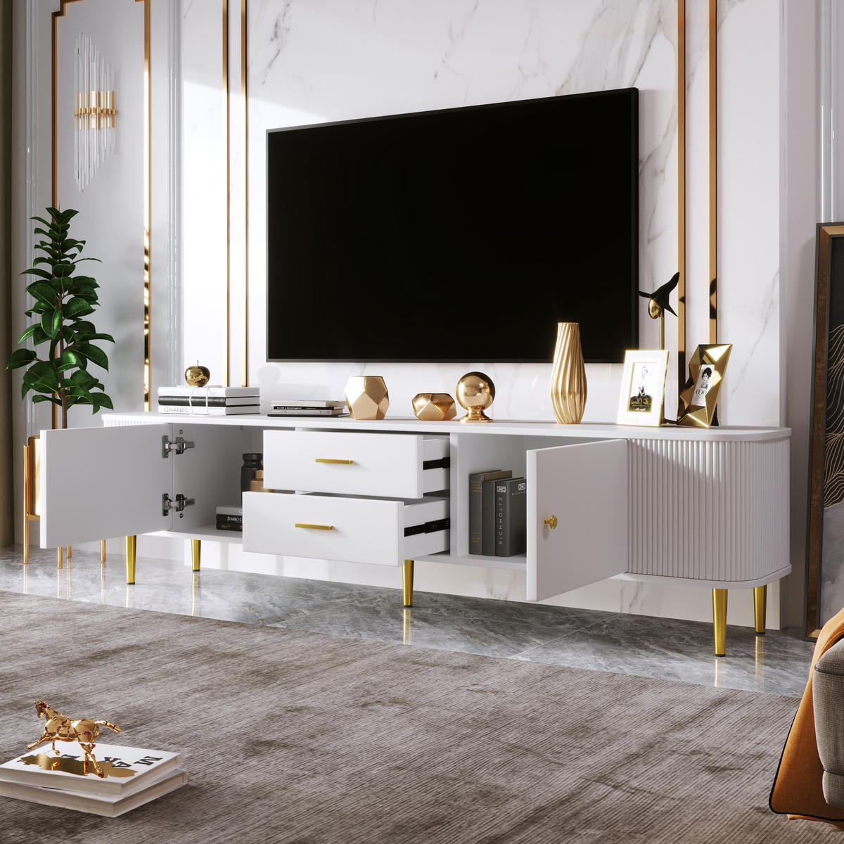 TV-STÄNDER 170/34/45 cm weiß MDF mit goldenen Griffen und 2 Schubladen - Weiß, Holzwerkstoff (170/45/34cm) - OKWISH