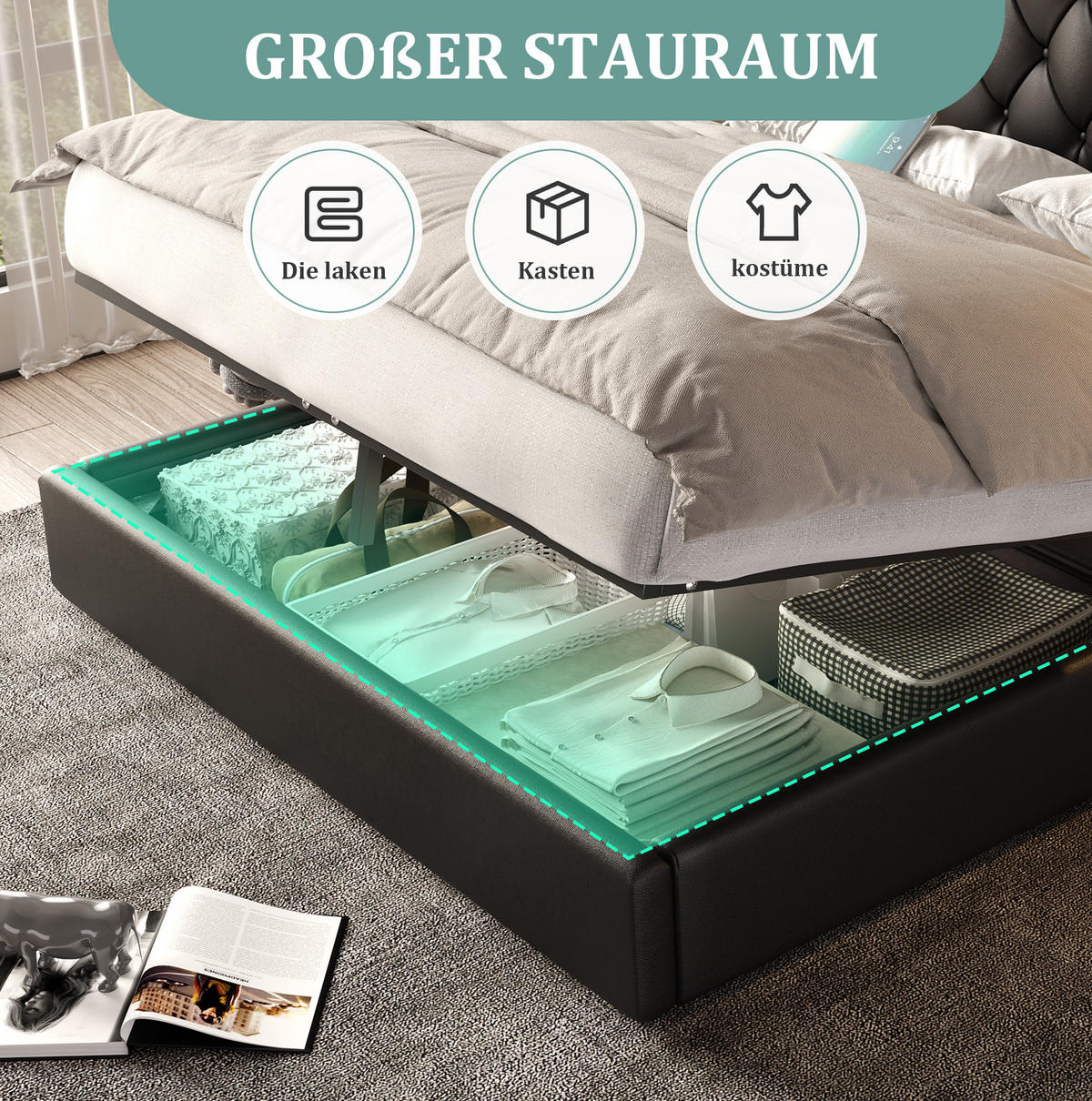 POLSTERBETT 160/200 cm mit USB-Anschlüssen, Leselampen und hydraulischem Stauraum, Schwarz - Schwarz, Leder (160/200cm) - Redom