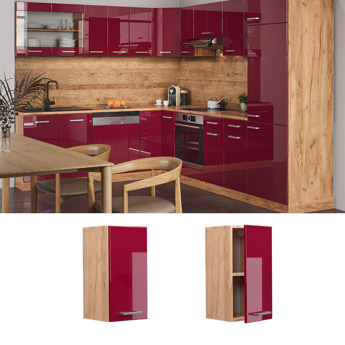 HÄNGESCHRANK R-Line Rot Hochglanz 30 cm - Honigeiche/Eiche Wotan, Holzwerkstoff (30/60/31cm) - Vicco