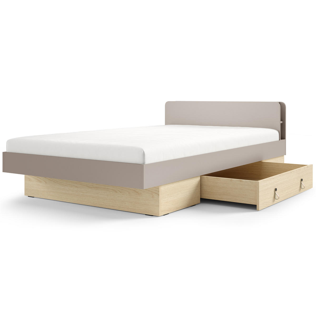 BETT Sorella 120x200 cm mit Lattenrost und Bettkasten-Schublade, ohne Matratze, Porcini + Eiche Mavelie - Eichefarben/Cappuccino, Leder/Holzwerkstoff (120/200cm) - Beautysofa