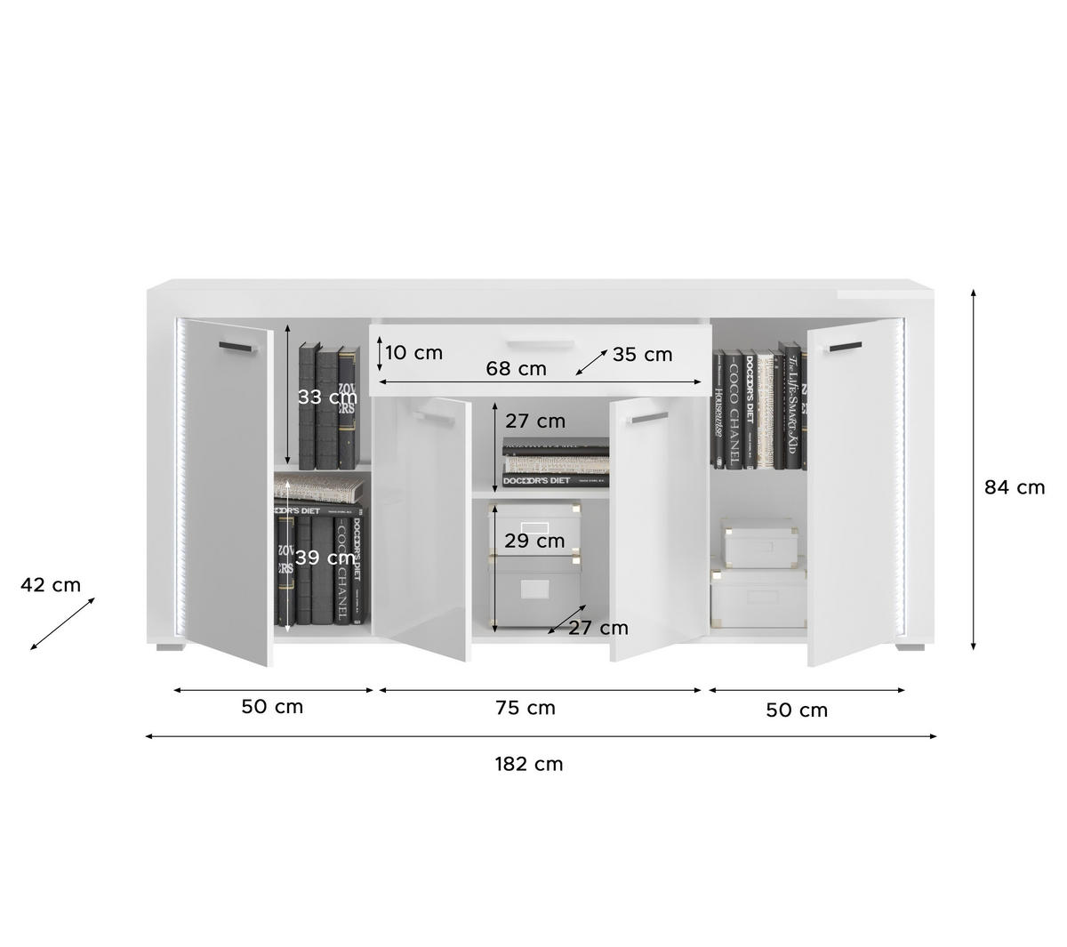 SIDEBOARD SKYLIGHT (B/H/T: ca. 182/84/42 cm) in Weiß/weiß hochglanz - Weiß, Holzwerkstoff (182/84/42cm)