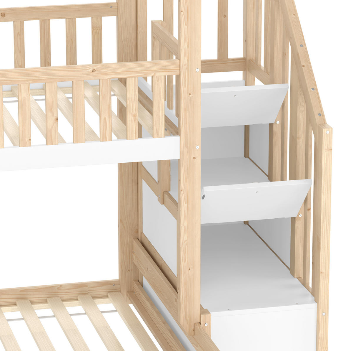 ETAGENBETT aus Kiefernholz 90x200/140x200 cm Natur/Weiß mit Stauraumleiter, Hausform, Fenster und Bettgitter - Naturfarben, Holzwerkstoff (90/200cm) - Modfu
