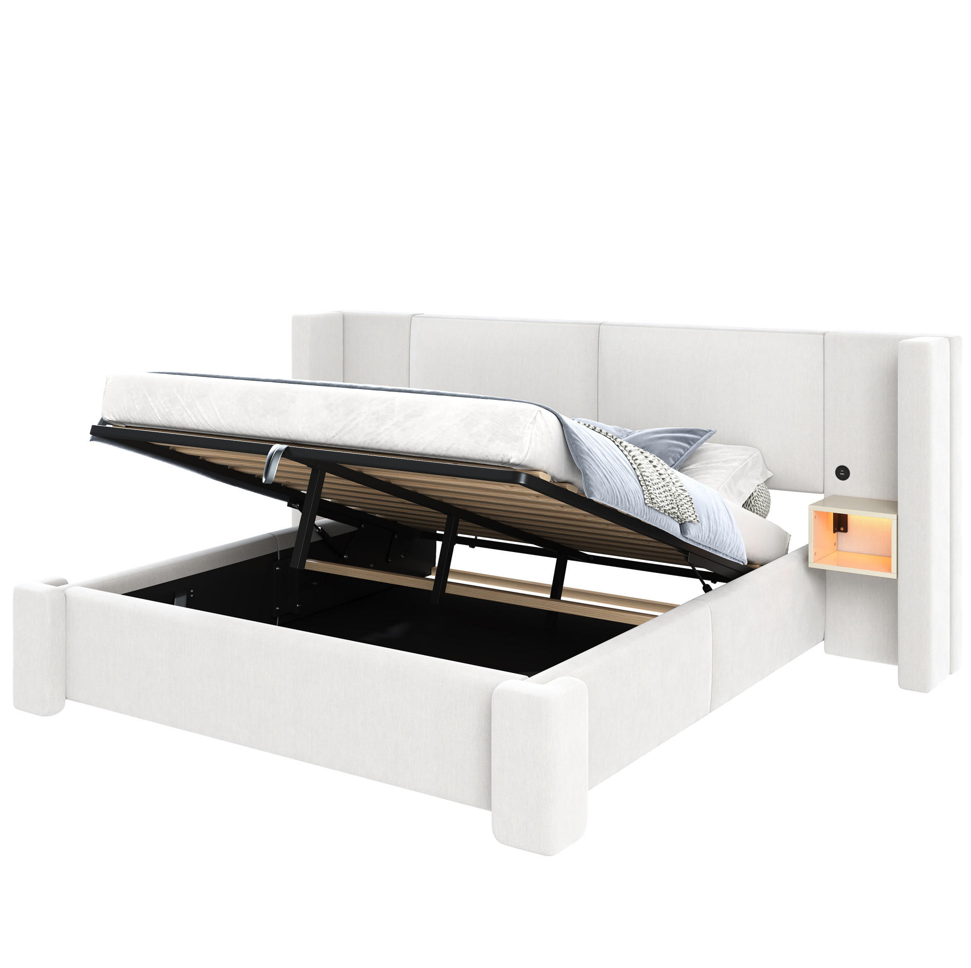 POLSTERBETT aus Leinen und MDF 180x200 cm Beige mit hydraulischem Bettkasten und LED-Nachttischen - Beige, Textil (180/200cm) - Modfu