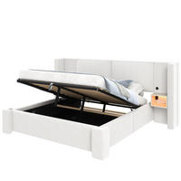 POLSTERBETT aus Leinen und MDF 180x200 cm Beige mit hydraulischem Bettkasten und LED-Nachttischen - Beige, Textil (180/200cm) - Modfu