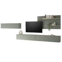 WOHNWAND 4-teilig, Set in Salbei Grün und Eiche, mit XXL TV Lowboard 300 cm hängend, gesamt 400 x 190 cm - Salbeigrün/Eichefarben, Holz/Holzwerkstoff (400/190/30cm) - Furn.Design