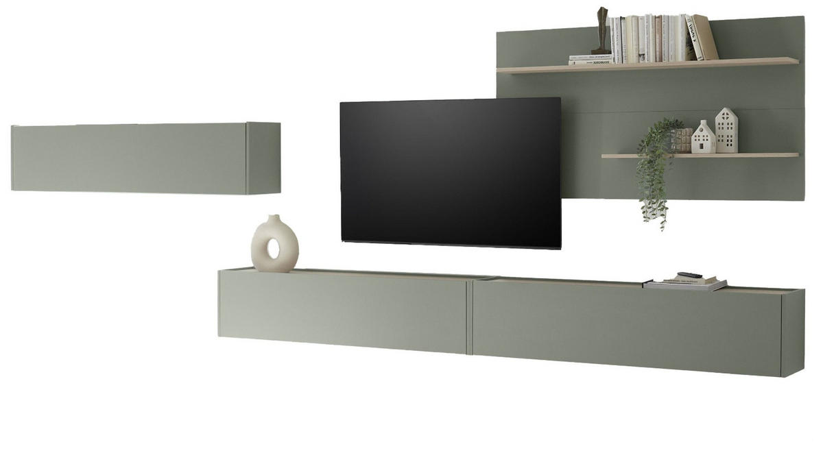 WOHNWAND 4-teilig, Set in Salbei Grün und Eiche, mit XXL TV Lowboard 300 cm hängend, gesamt 400 x 190 cm - Salbeigrün/Eichefarben, Holz/Holzwerkstoff (400/190/30cm) - Furn.Design