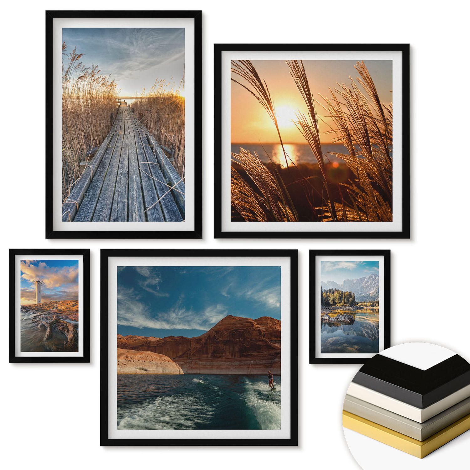 WANDBILDER 5er-Set - 50x50 cm & 20x30 cm & 40x60 cm Schwarzer Rahmen - Leuchtturm-Grassteg - Schwarz, Kunststoff (40/60cm) - ArtPrintCave
