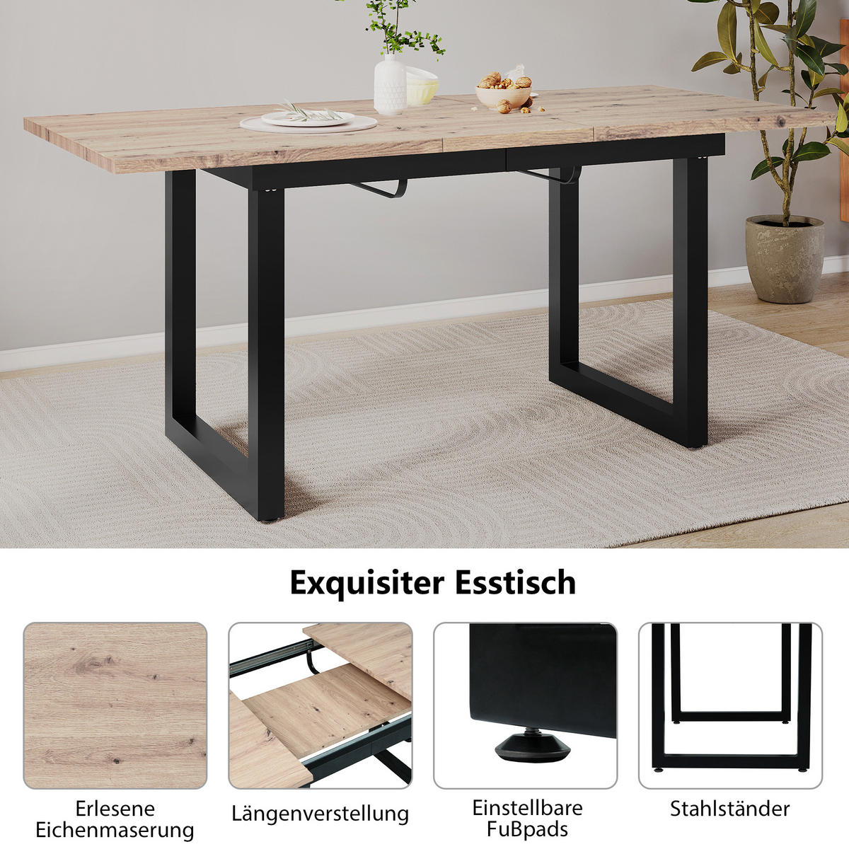 JÍDELNÍ STŮL dubový a černý, moderní jednoduchý design, železná konstrukce, do jídelny, 140×80×75 cm - přírodní/černá, kov/kompozitní dřevo (80/180/75cm) - STILVORA