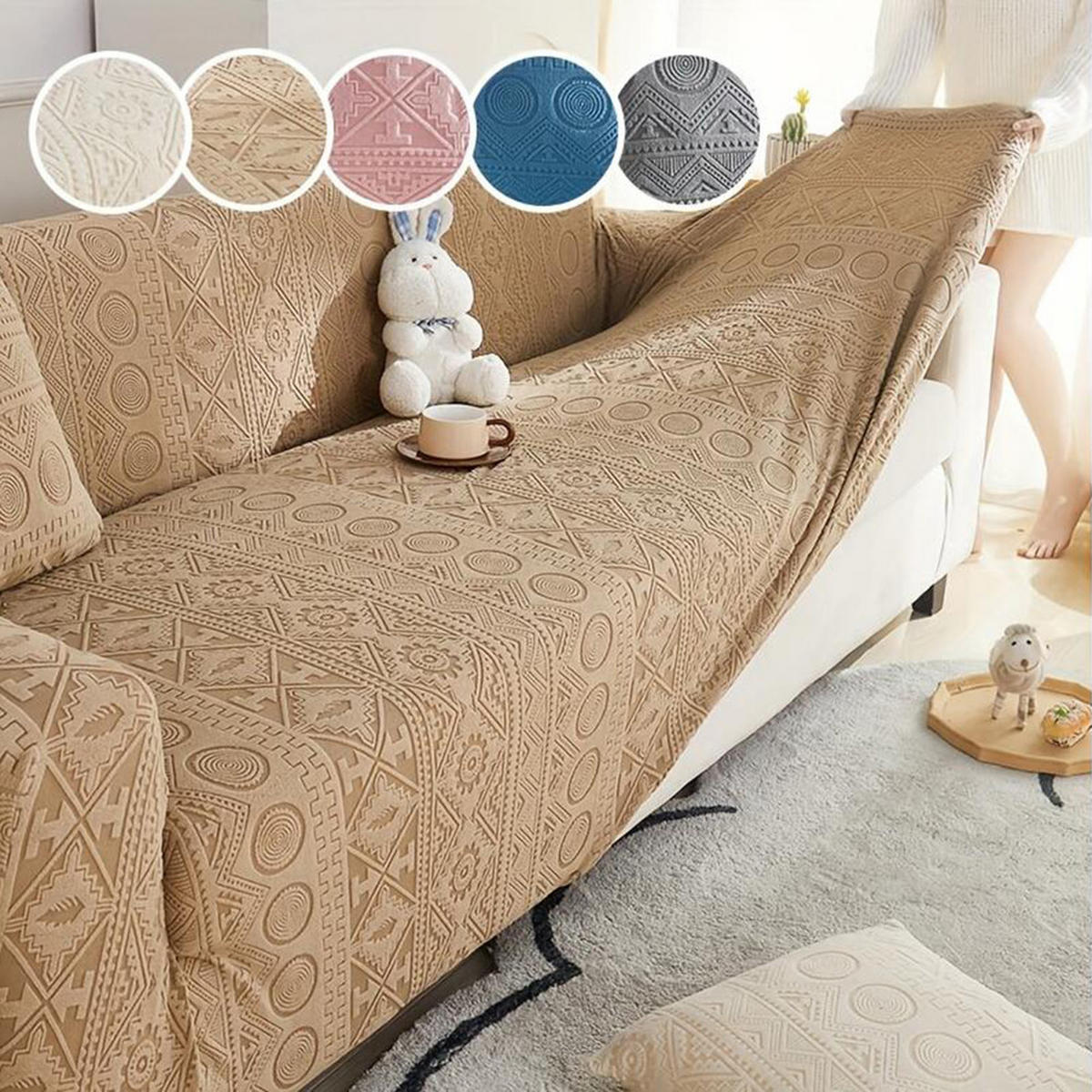 SOFABEZUG Khaki 3-Sitzer 190–230 cm - Hellbraun, Textil (190/230cm) - Kaket