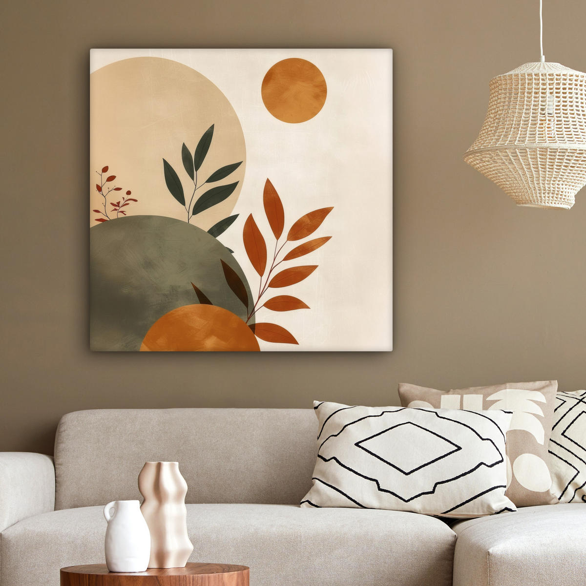 LEINWANDBILD Formen - Rund - Blätter - Beige 90x90 cm - Rostfarben, Textil (90/90cm) - MuchoWow