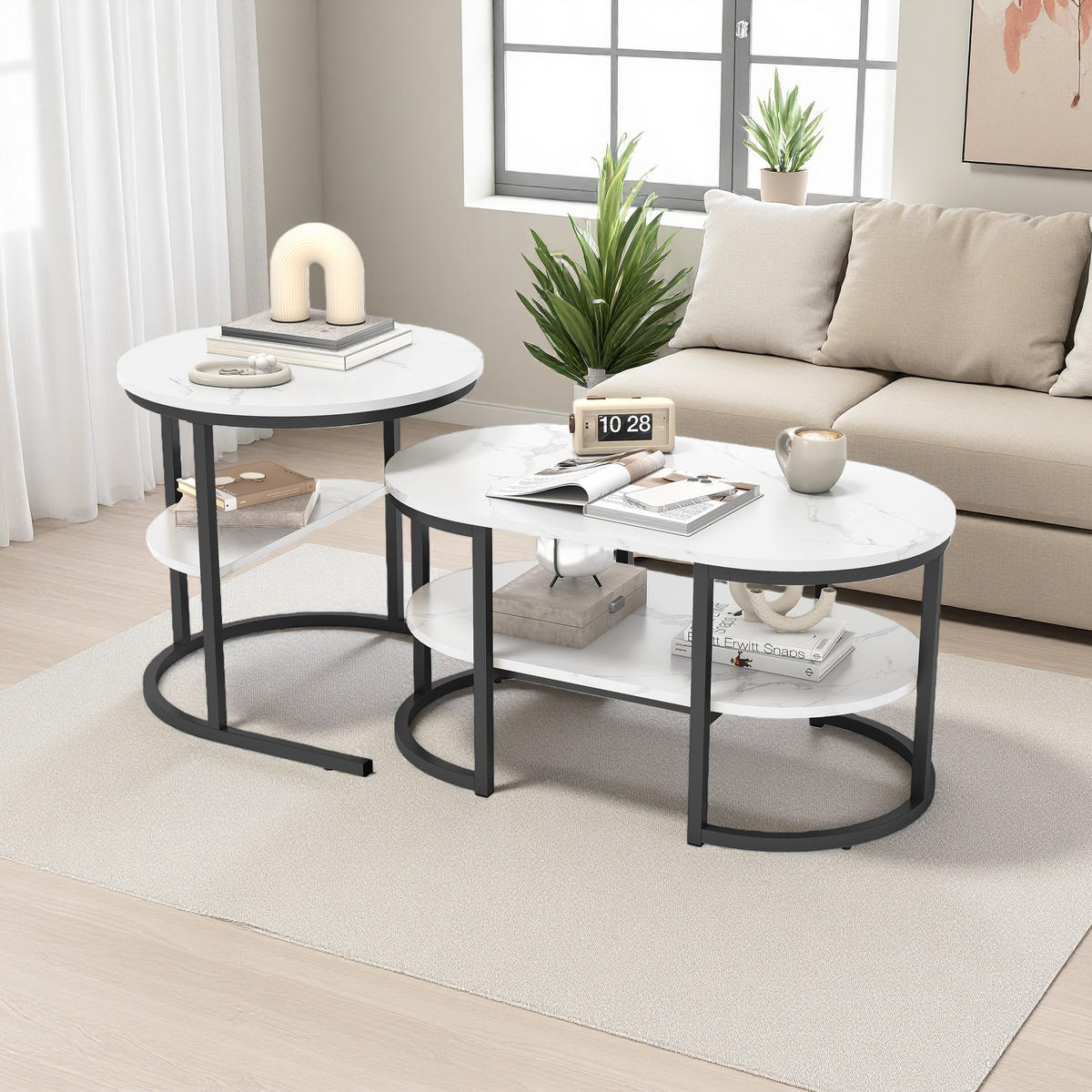 COUCHTISCH-SET Marmoroptik Weiß, Metallgestell Schwarz, 2er Set - Schwarz, Metall (80/46/51cm) - SHOPENTRA