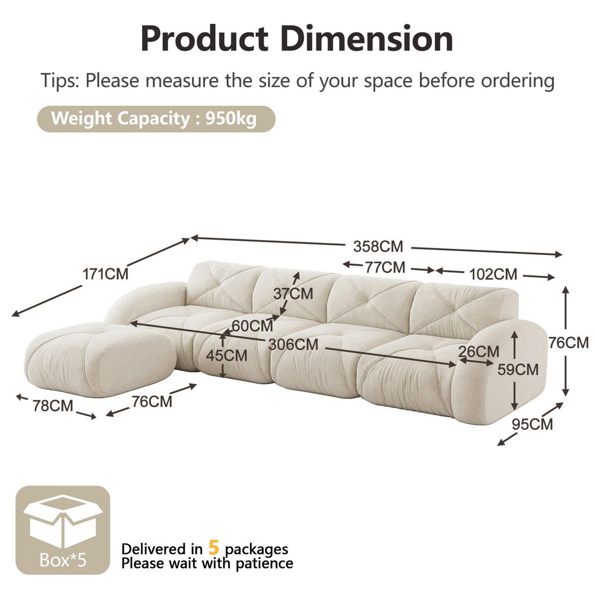 SOFA modular Chenille White - Weiß, Kunststoff (171/358cm) - Meubliv