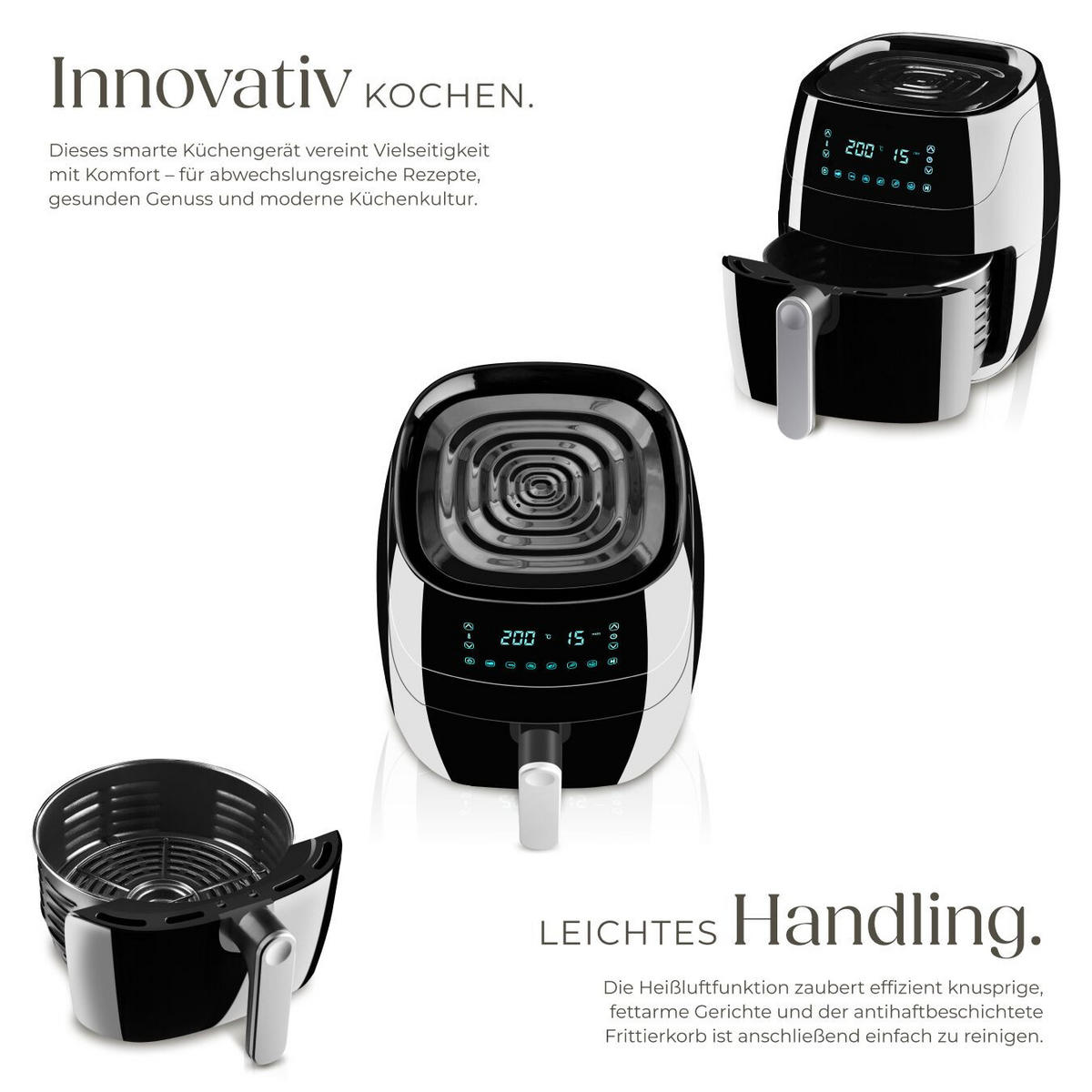 HEISSLUFTFRITTEUSE Yaiza, inklusive Rezeptheft, schwarz - Schwarz, Textil (37.5/32.5/28cm) - tectake
