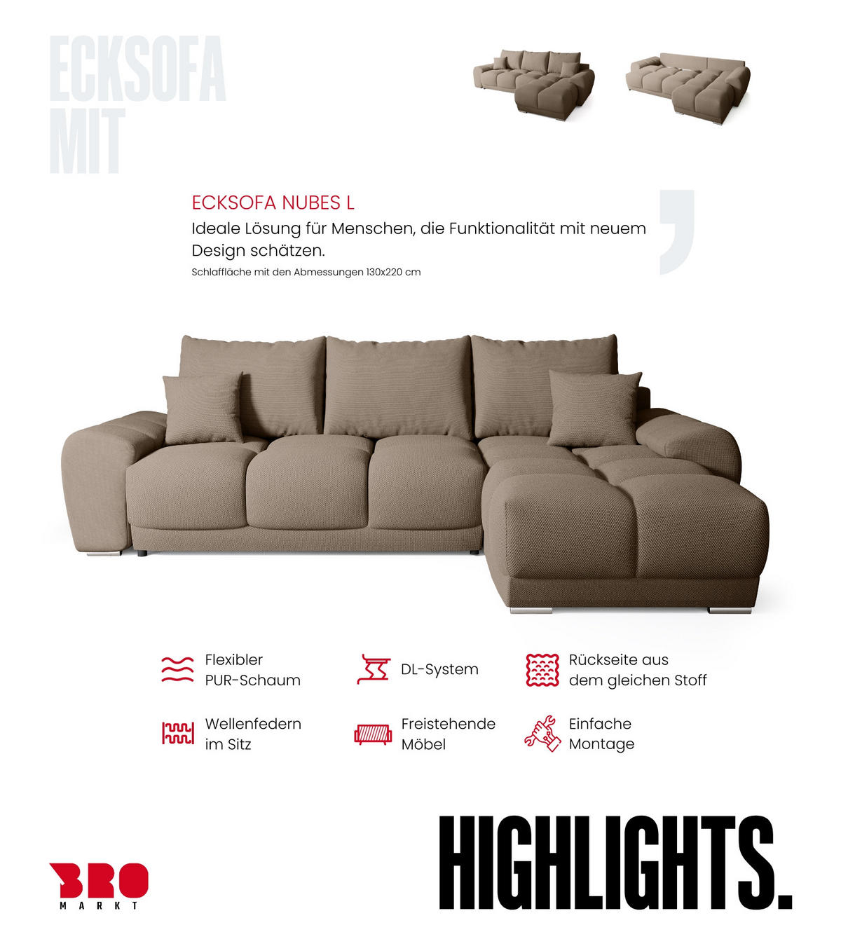 ECKSOFA Nubes mit Schlaffunktion Braun - Silberfarben/Braun, Kunststoff/Textil (290/180cm) - Bromarkt