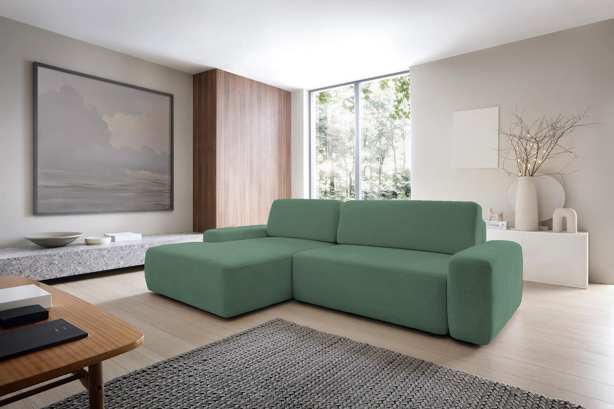 ECKSOFA BOULI 4-Sitzer ECKSOFA BOULI Raven Polstersofa mit Schlaffunktion 130x210cm Bettzeugablage 264x162x82cm linksseitig Farbe: grün - Grün, Holz/Textil (162/264cm) - DomoHome