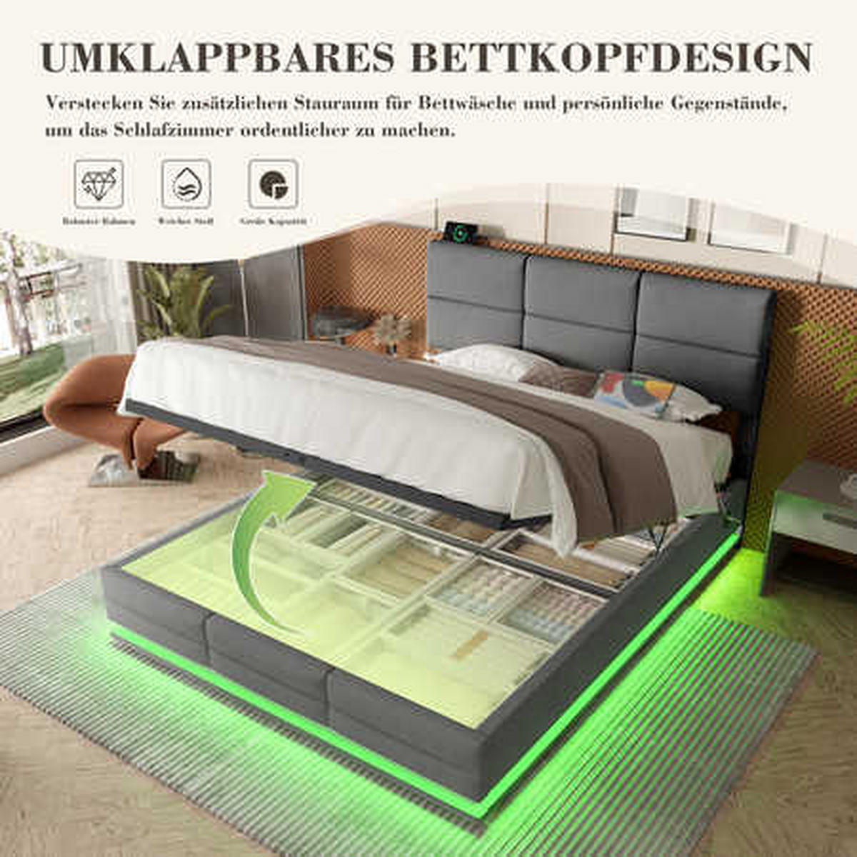POLSTERBETT 140x200cm Dunkelgrau Velours mit höhenverstellbarem Kopfteil, dimmbarer LED, USB/Type-C und hydraulischem XXL-Stauraum - Dunkelgrau, Textil (140/200cm) - Luhomfu