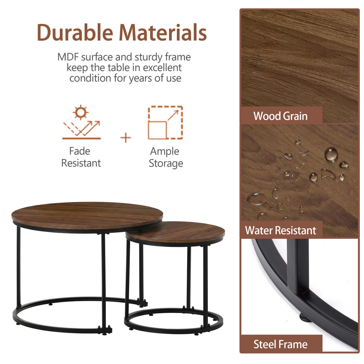 COUCHTISCH 2er Set mit runden geschachtelten Tischen Eiche 50/70.5/45.5/44 cm - Eichefarben/Schwarz, Holzwerkstoff/Metall (70.5/70.5/50cm) - EVRYAE