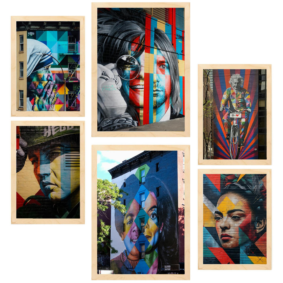 POSTER Set Mit 6 Graffiti Straßenkunst Nirvana Jopplin Frida Presley A3 & A4 Rahmen Aus Hellem Holz - Beige, Papier (29/3cm) - Nacnic