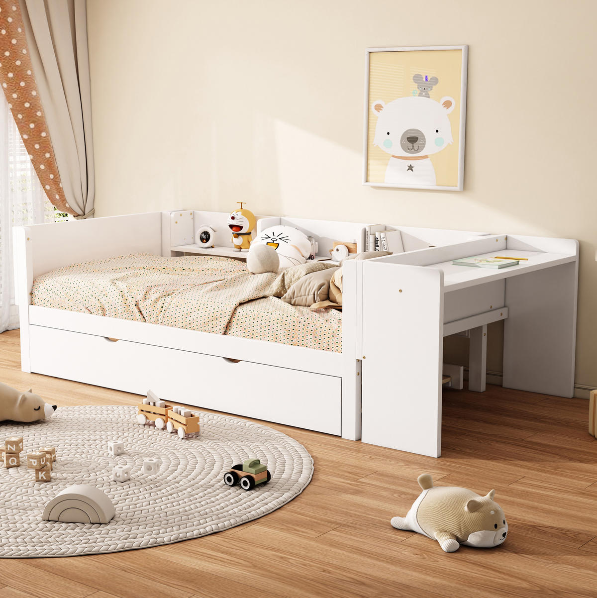 KINDERBETT 90/200 cm Weiß mit Ausziehbett, Schreibtisch und Regalen - Weiß, Holzwerkstoff (90/200cm) - Flora Grace