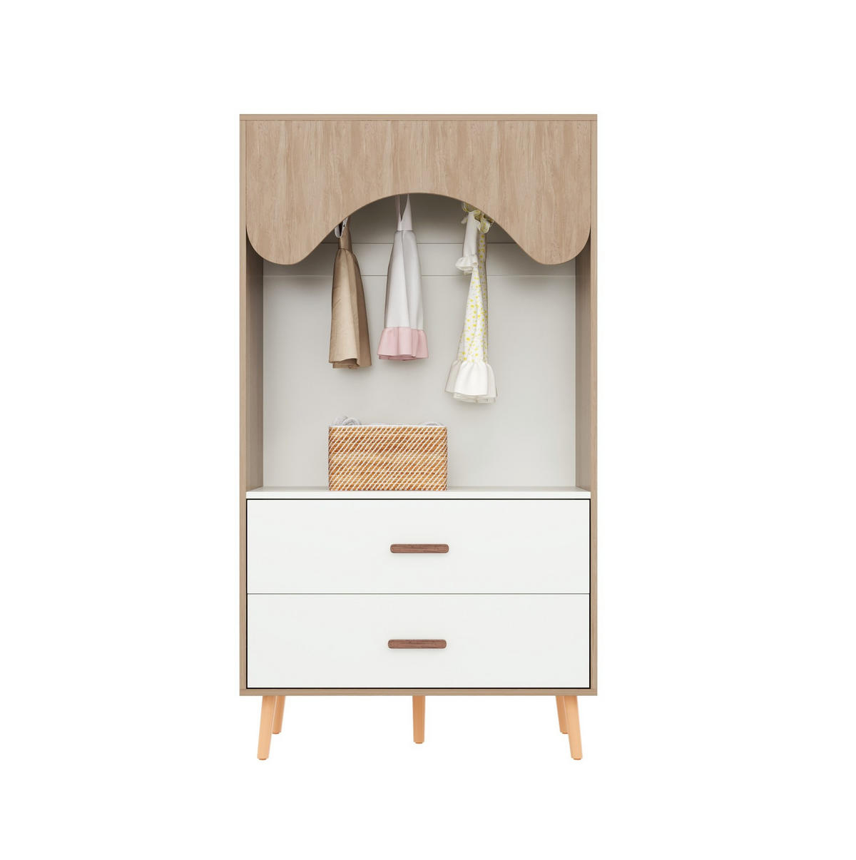 KLEIDERSCHRANK aus MDF 80x46x141,5 cm Natur/Weiß mit Kleiderstange, 2 Schubladen und offenem Stauraum - Weiß, Holzwerkstoff (80/141.5/46cm) - Modfu