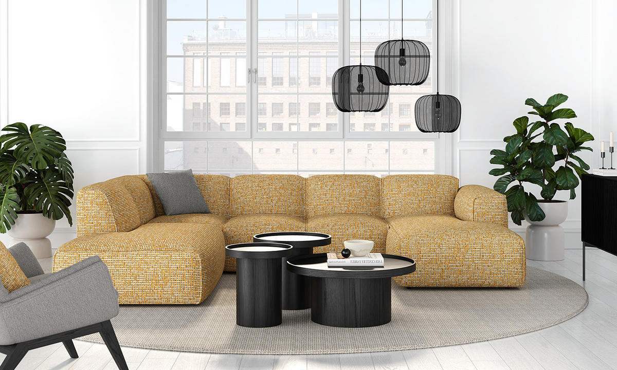 WOHNLANDSCHAFT mit Longchair - Schwarz/Honig, Kunststoff/Textil (325/71/235cm) - home24