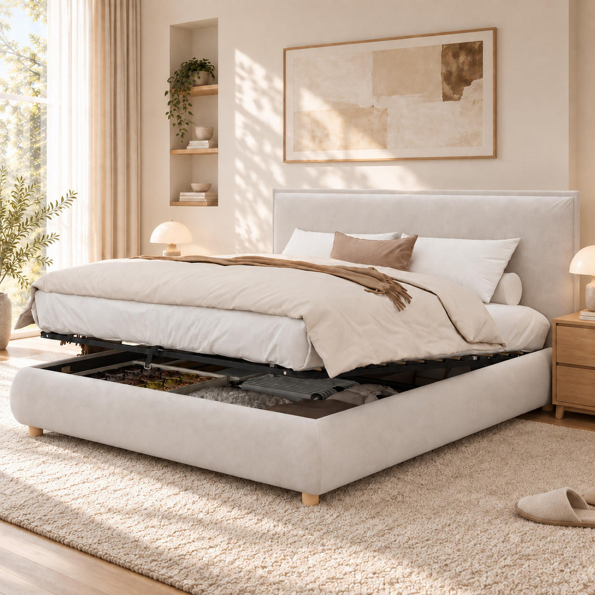 POLSTERBETT 160x200cm, Creme, Samt, Stauraum - Creme, Textil (160/200cm) - FLIEKS