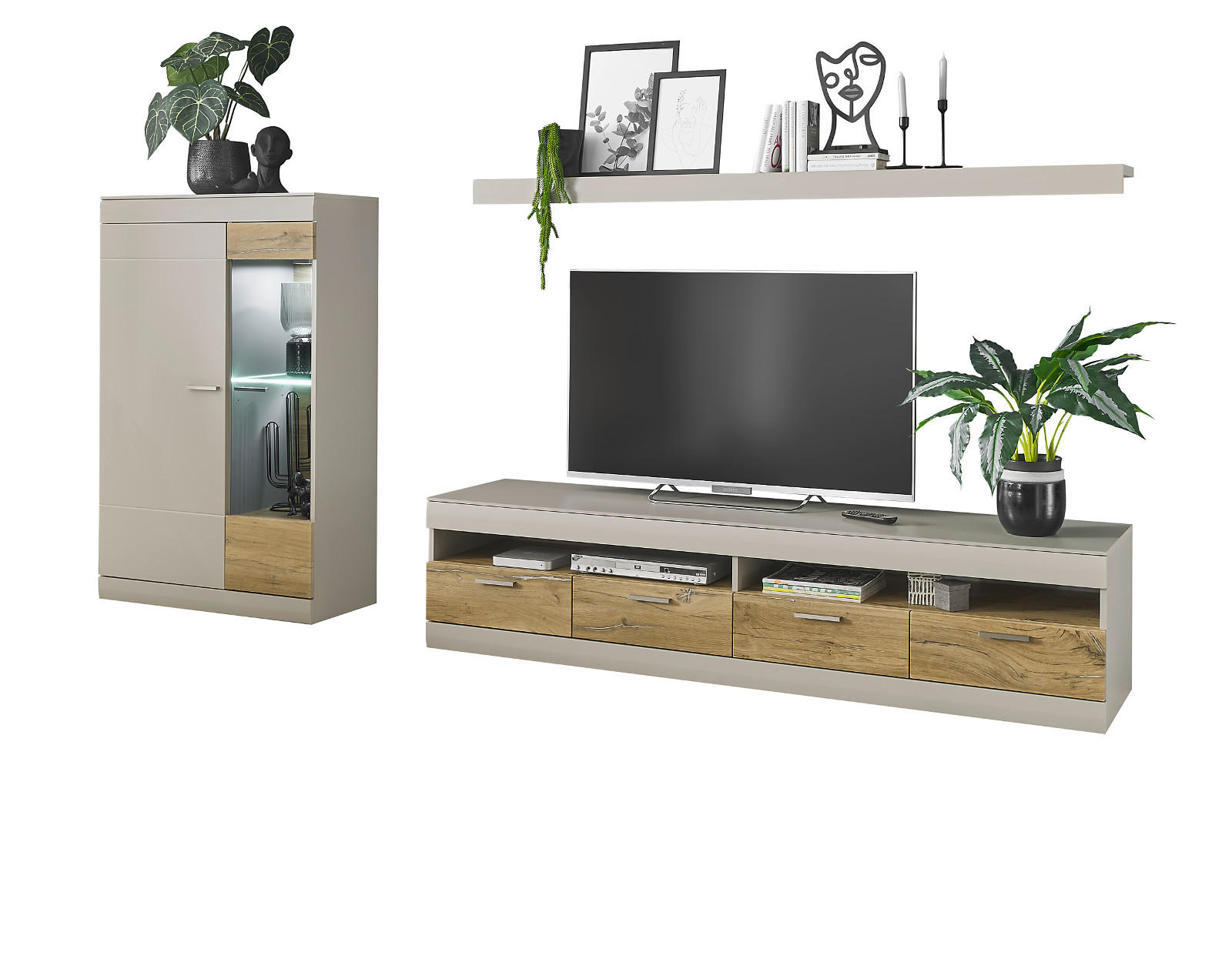 WOHNWAND grau matt, Zinneiche 3-teilig 300 cm, Wohnzimmerschränke mit Soft-Close-Funktion - Eichefarben/Silberfarben, Glas/Holzwerkstoff (300/170/45cm) - Furn.Design
